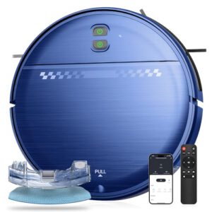 Robot Vacuum and Mop Combo. 2-in-1 Mopping Robot Vacuum Cleaner with 2300Pa Suction. 2.87'' Slim Design. Wi-Fi/App/Voice Control. 3D Obstacle Avoidance&Self-Charging for Hard Floors. Carpets. Pet Hair