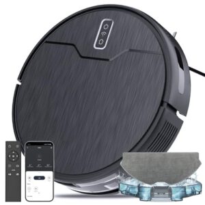 Robot Vacuum and Mop Combo. Robot Vacuum Cleaner. 6 Cleaning Modes. Large Capacity Water Tank Dustbin. Self-Charging. WiFi/App/Alexa. Ideal for Hard Floor. Carpet. Pet Hair